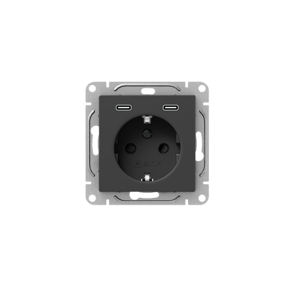 Механизм розетки с USB-C - 2шт, 16А, с заземлением, со шторками, чёрный Эпика EKF
