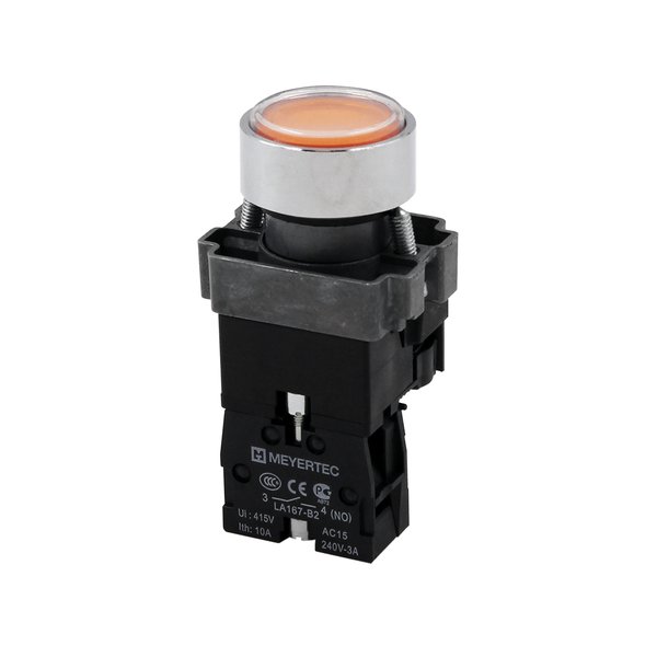 Кнопка плоская желтая с подсветкой, 220V AC/DC, 1NO, IP67, металл