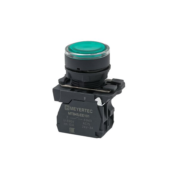 Кнопка зеленая с подсветкой, 1NO, 220V AC/DC, IP65, пластик