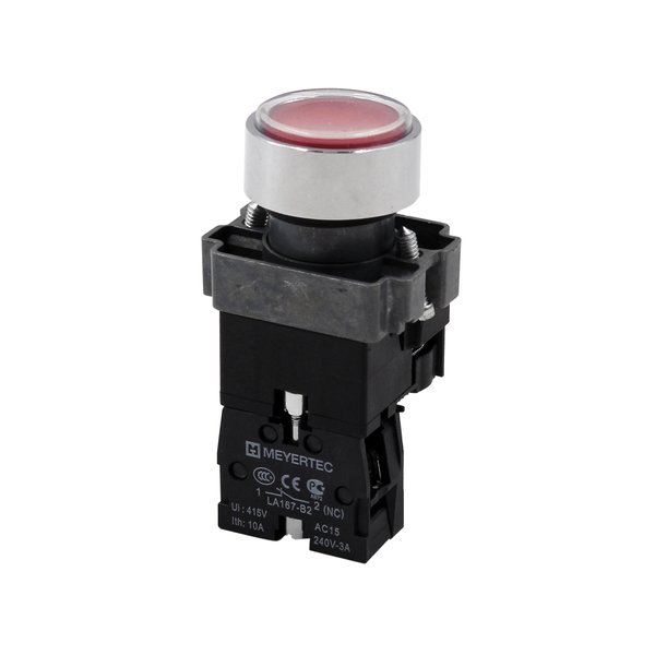 Кнопка плоская красная с подсветкой, 220V AC/DC, 1NС, IP67, металл