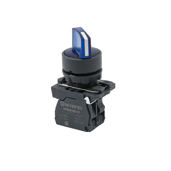 MTB5-AK26711 Переключатель  на 2 положения с фиксацией и подсветкой, синий, 1NO, 24V AC/DC, IP65, пластик Meyertec