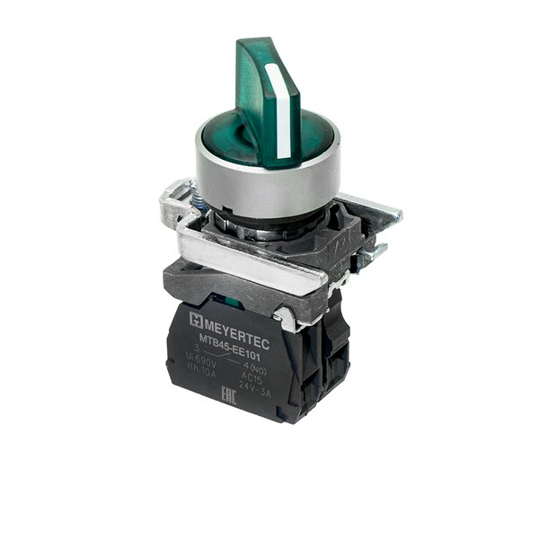Переключатель  на 3 положения с фиксацией и подсветкой,  зеленый, 1NO, 220V AC/DC, IP65, металл