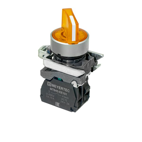 Переключатель  на 2 положения с фиксацией и подсветкой,  желтый, 1NO, 220V AC/DC, IP65, металл