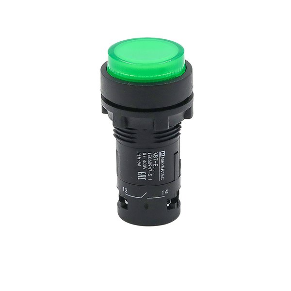 Кнопка зеленая выступающая с подсветкой, 1NO, 220V AC, IP54, пластик